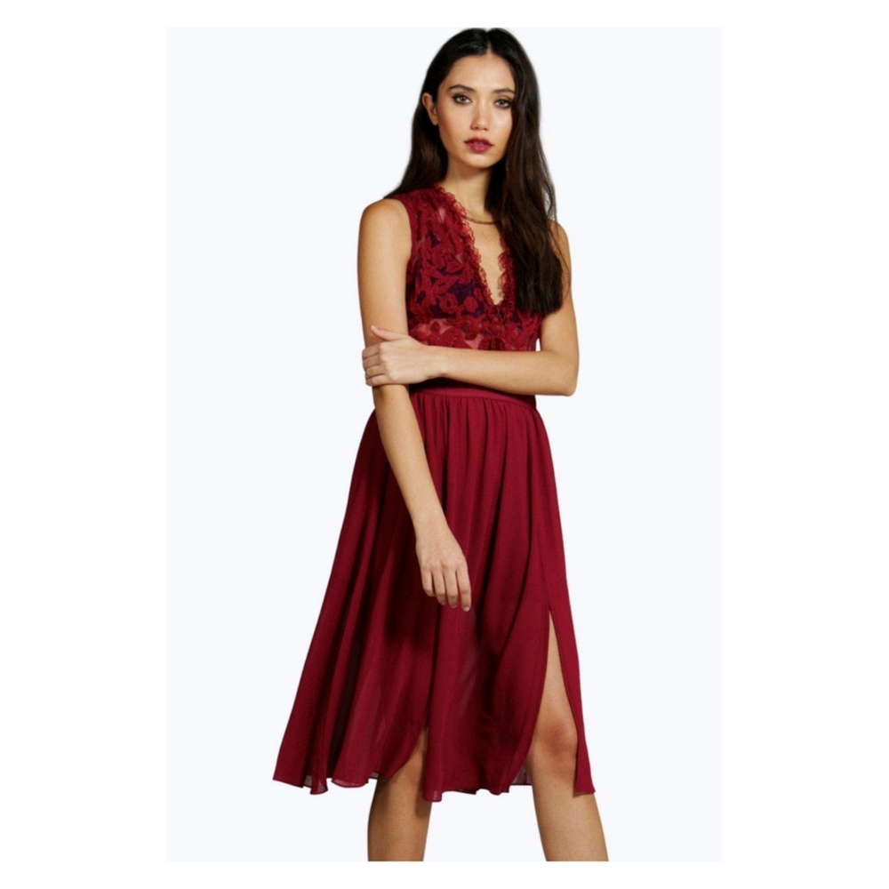 Burgundy lace chiffon midi dress